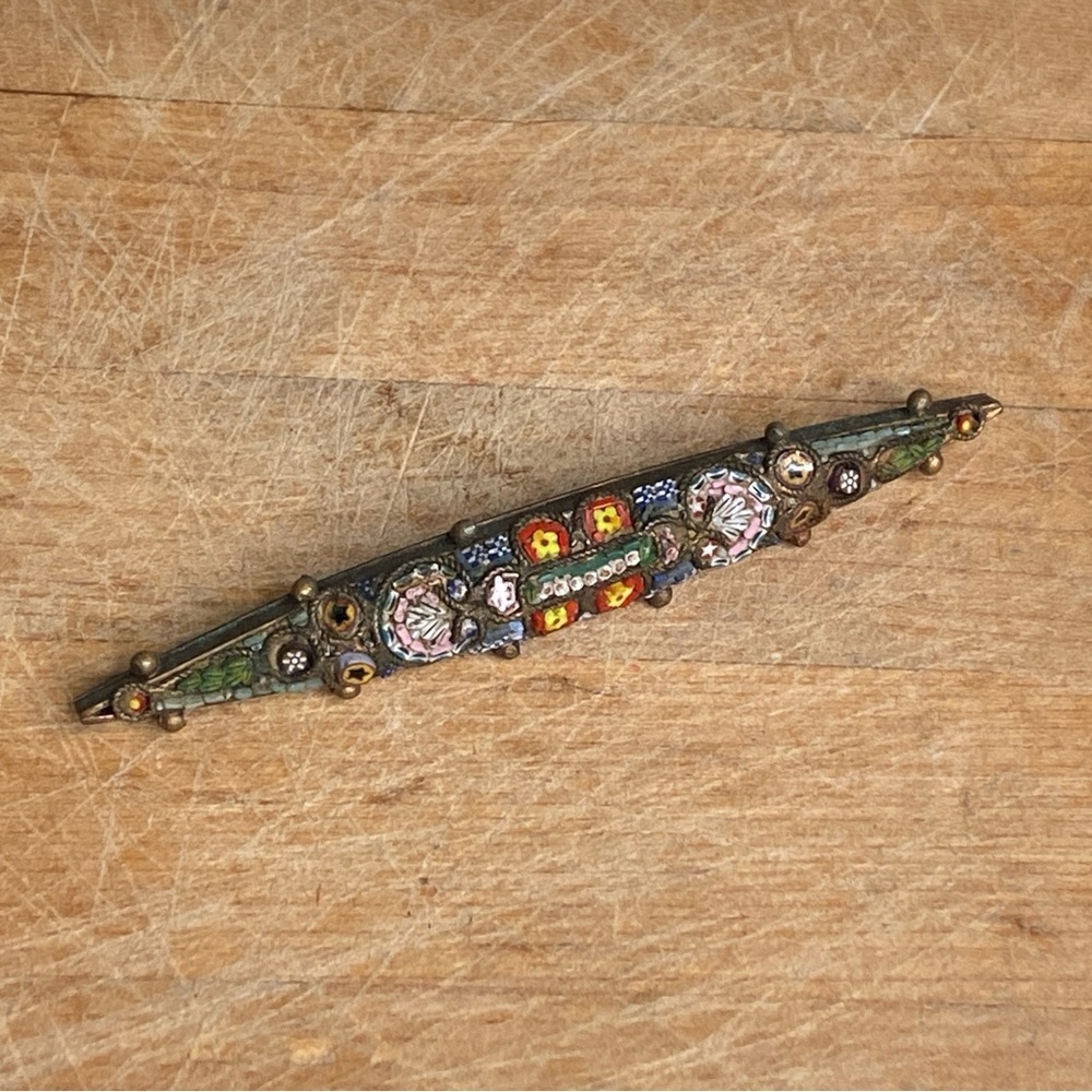 Antique Brass Micromosaic Primitive Elongated Oblong Bar Brooch Pin